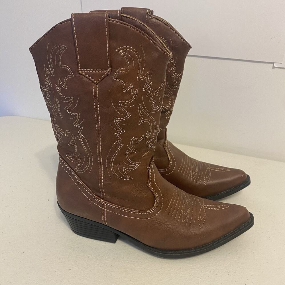 AMERICAN EAGLE Western Cowboy Boots Women 5 Brown FauxLeather Embroidery Boho - Picture 2 of 6